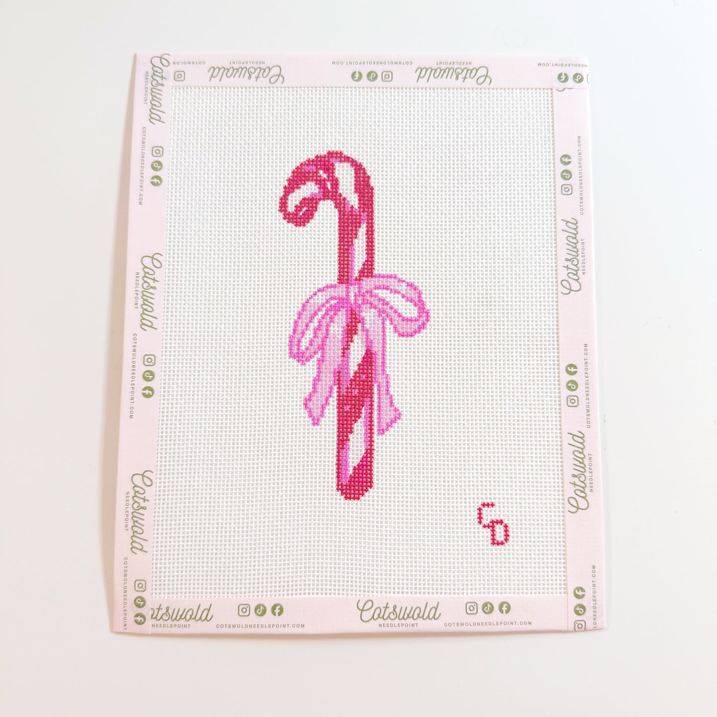 Candy Cane with Pink Bow Needlepoint Canvas Christmas Needlepoint, 18 Mesh, 2.5x5 Design
