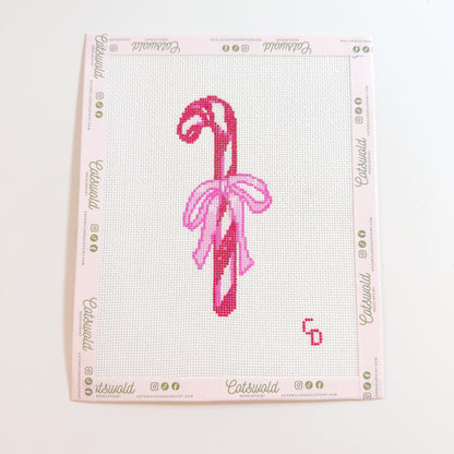 Candy Cane with Pink Bow Needlepoint Canvas Christmas Needlepoint, 18 Mesh, 2.5x5 Design