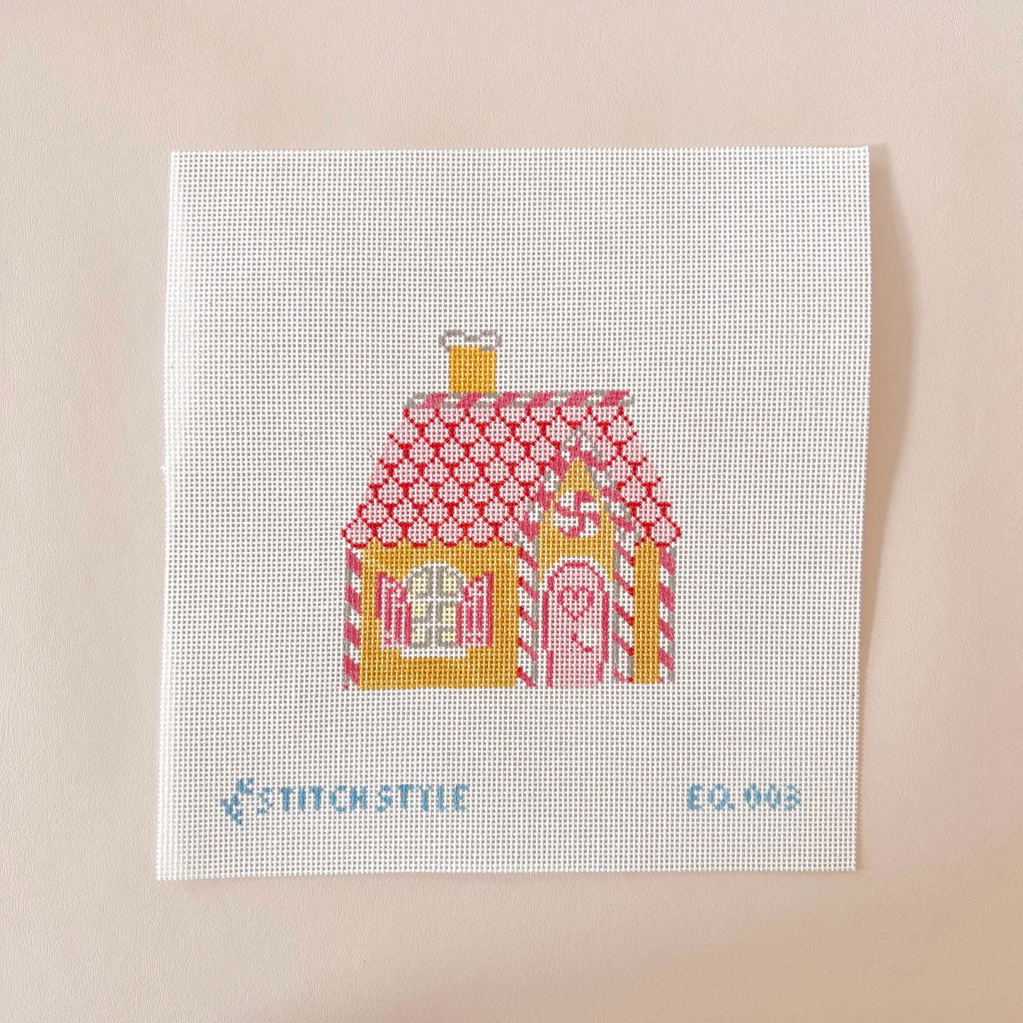 Pink Gingerbread House Needlepoint canvas, 18 Mesh, 4" tall x 3.5" Design Size