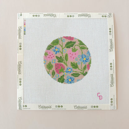 Strawberry Fields Round with Blue Flowers Needlepoint Canvas 18 Mesh