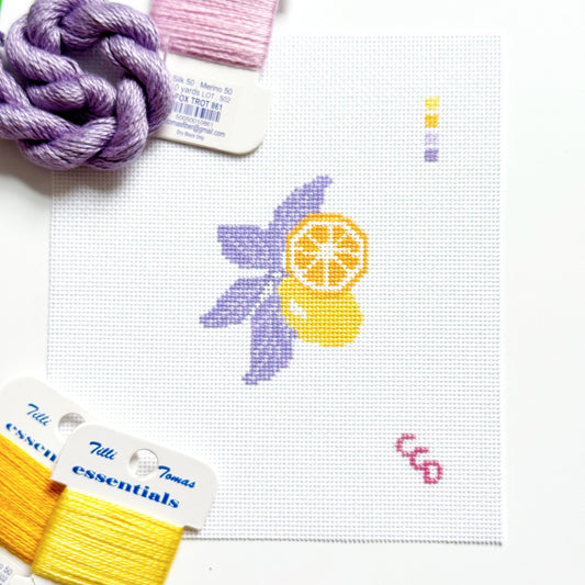 Lavender Lemon Needlepoint Canvas & Optional Thread Kit | 4″ Citrus Mini on 18-Mesh
