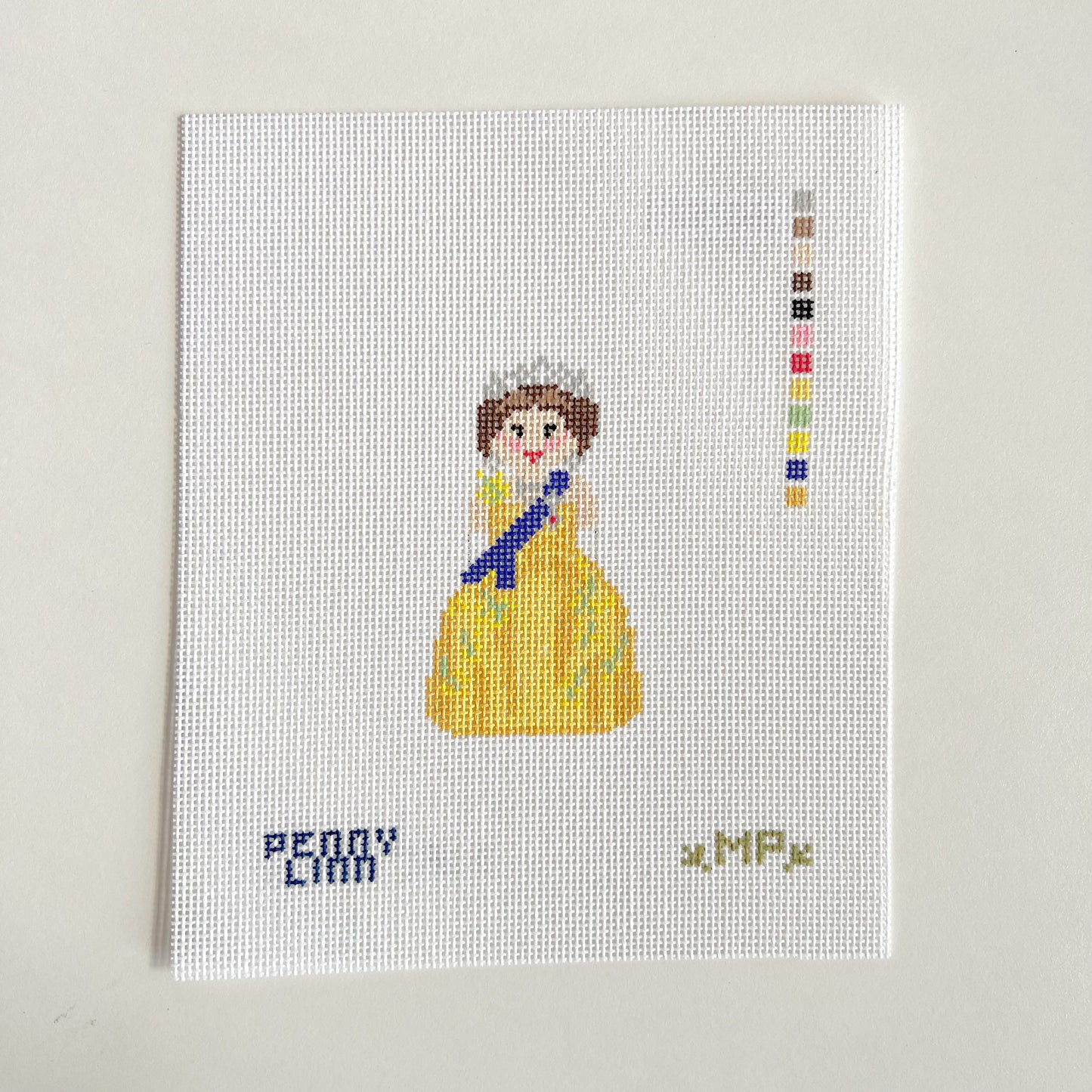 Queen Elizabeth in Yellow Wattle Dress Needlepoint Canvas, 18 Mesh, 3.1" x 1.7" Design Size