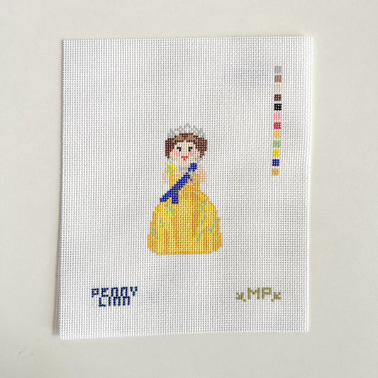 Queen Elizabeth in Yellow Wattle Dress Needlepoint Canvas, 18 Mesh, 3.1" x 1.7" Design Size