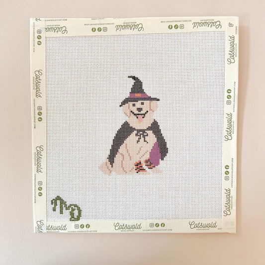 Sonny Golden Retriever Halloween Witch Costume Needlepoint Canvas, 18 Mesh