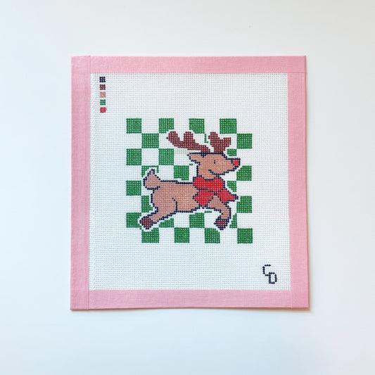 Checkered Reindeer Rudolph Christmas Needlepoint Canvas, Reindeer Needlepoint, 18 Mesh, 4x4 Design