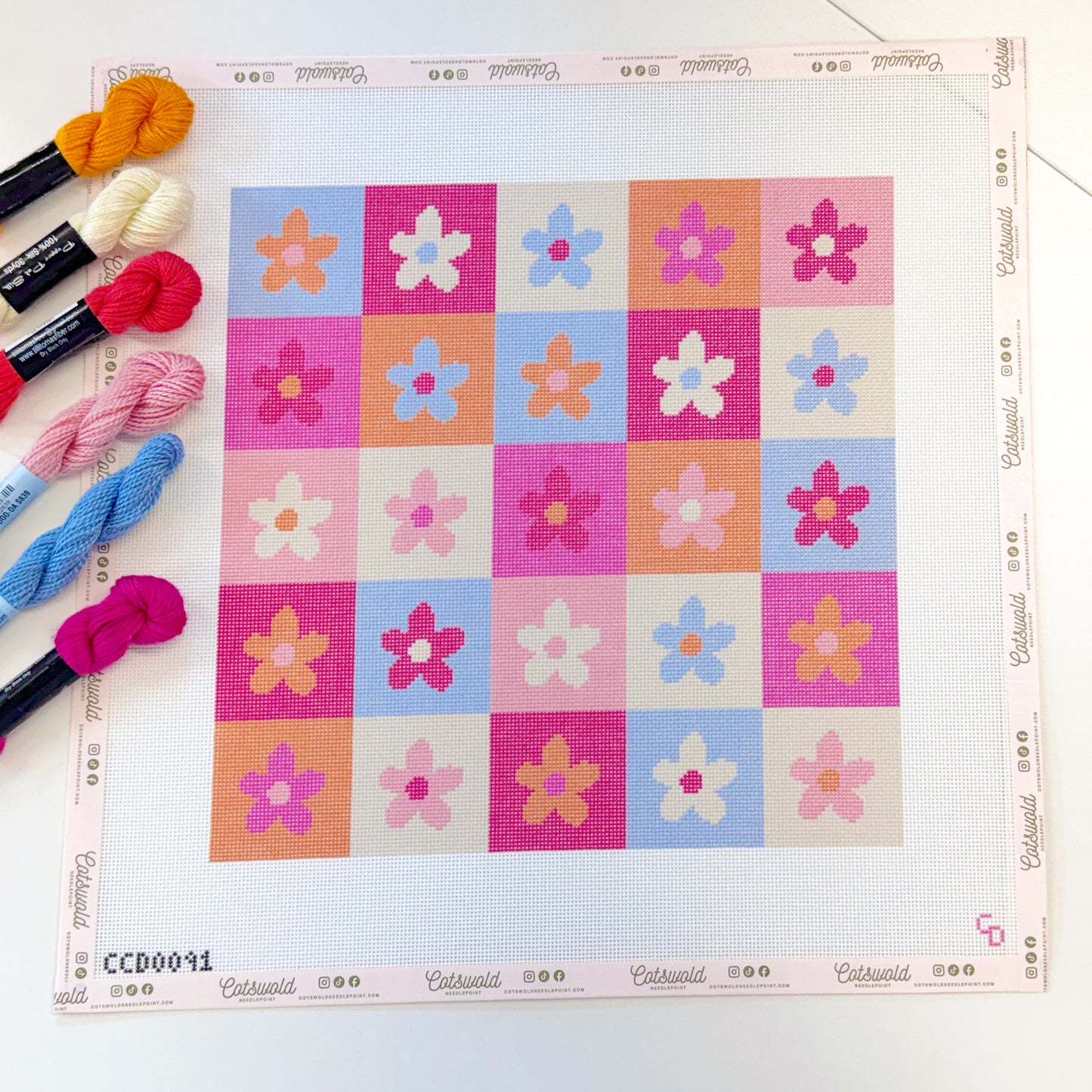 Retro Flower Checkered Pillow Hand Painted Needlepoint Canvas 18 Mesh, 12x12 Design