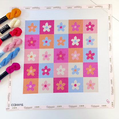 Retro Flower Checkered Pillow Hand Painted Needlepoint Canvas 18 Mesh, 12x12 Design