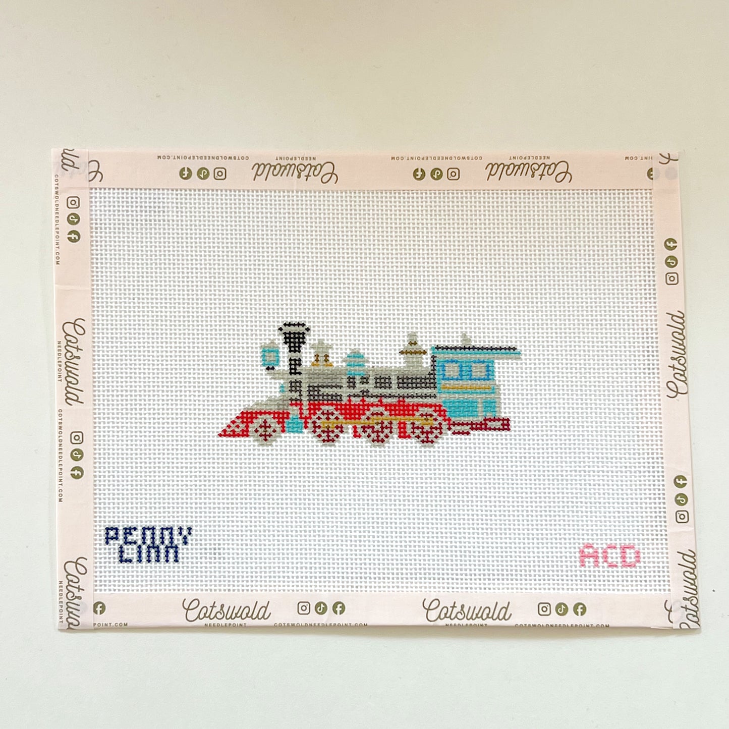 Vintage Red and Blue Train Needlepoint Canvas, 18 Mesh, 1.5" x 3.78" Design Size