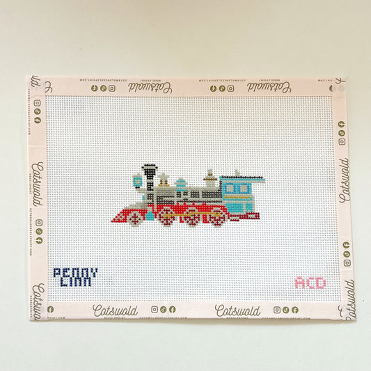 Vintage Red and Blue Train Needlepoint Canvas, 18 Mesh, 1.5" x 3.78" Design Size