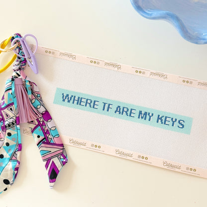 Where The F Are My Keys Needlepoint Canvas, Funny Keychain Needlepoint, Hand Painted Key Fob Needlepoint Canvas, 18 Mesh, 10x1 Design