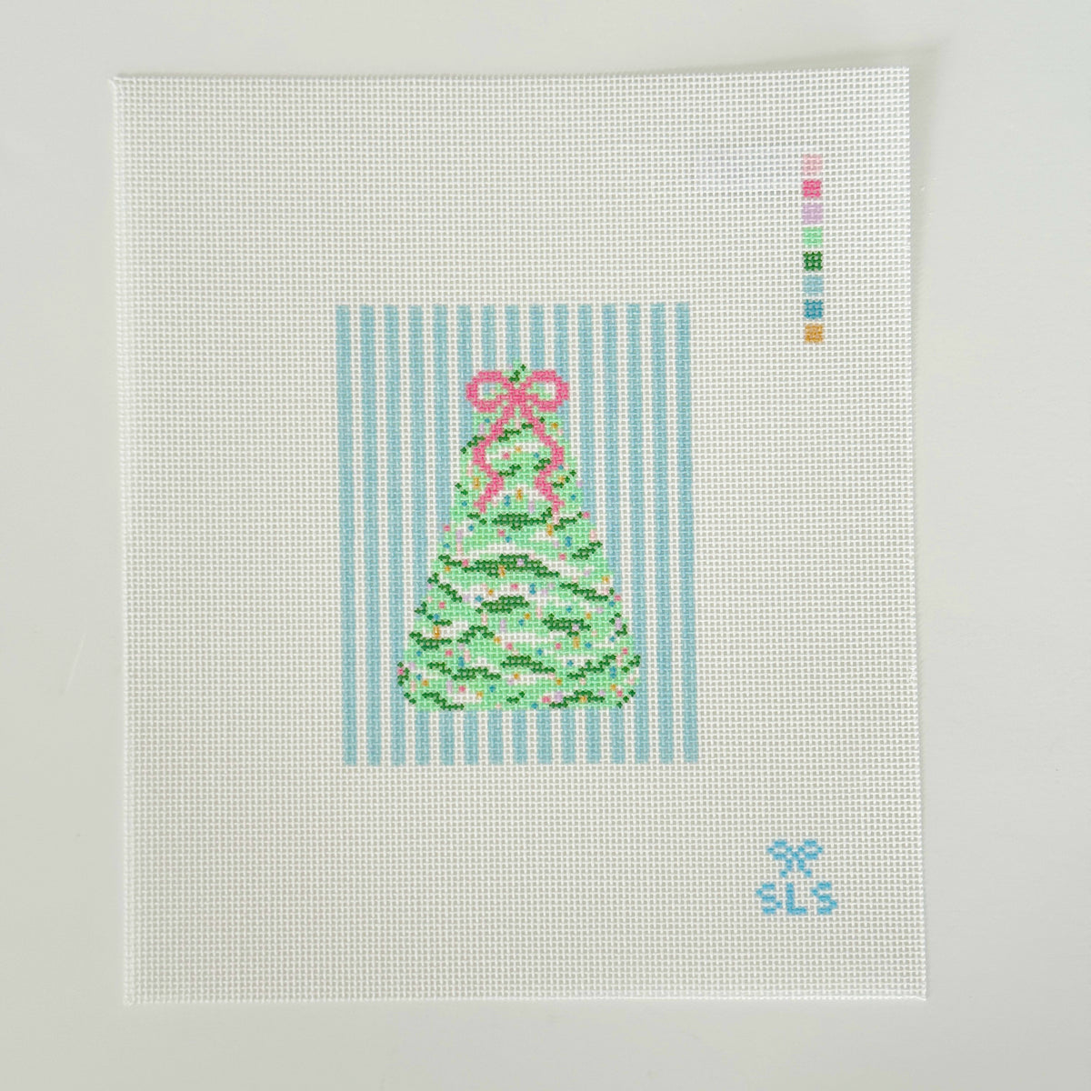 Pastel Christmas Tree Blue Striped Needlepoint Canvas, 18 Mesh, 4" x 3.2"