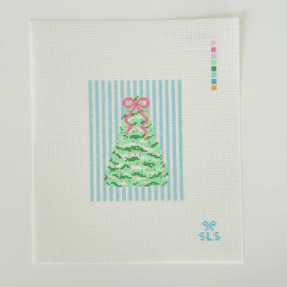Pastel Christmas Tree Blue Striped Needlepoint Canvas, 18 Mesh, 4" x 3.2"