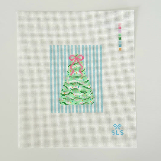 Pastel Christmas Tree Blue Striped Needlepoint Canvas, 18 Mesh, 4" x 3.2"