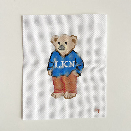 LKN Blue Sweater Bear Needlepoint Canvas, 18 Mesh, 4.5" x2.5" Design Size