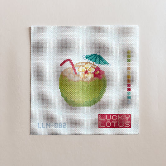 Green Coconut Drink Needlepoint Canvas, 13 Mesh, 3.8" x 4.0" Design Size