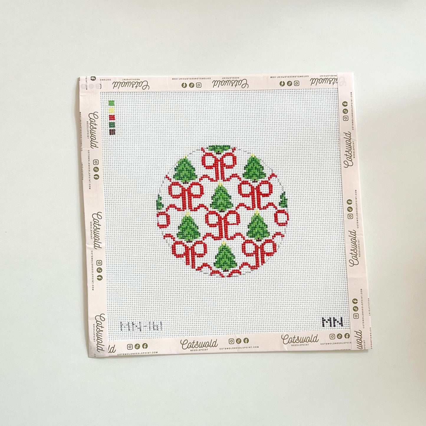 Red Bows & Trees Ornament Needlepoint Canvas, 18 Mesh,  4”x4” Design Size