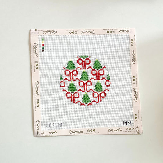 Red Bows & Trees Ornament Needlepoint Canvas, 18 Mesh,  4”x4” Design Size