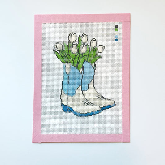 Tulip Cowgirl Boots Needlepoint Canvas, Southern Needlepoint Canvas, Flower Needlepoint Canvas, 18 Mesh, 4x5 Design