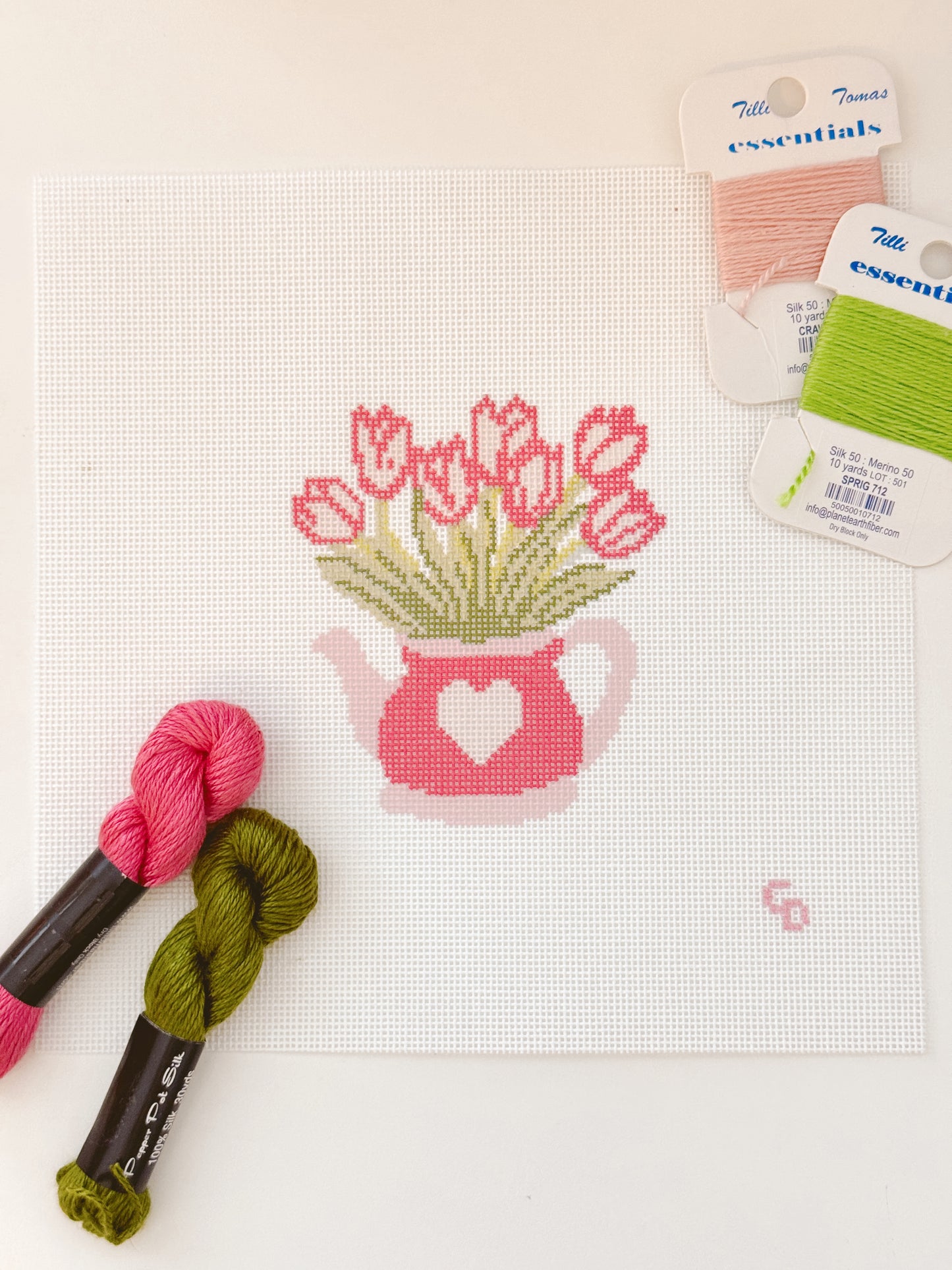 Heart Flower Teapot Needlepoint Canvas, Valentine's Day Needlepoint Canvas, 3”x4" Needlepoint Canvas