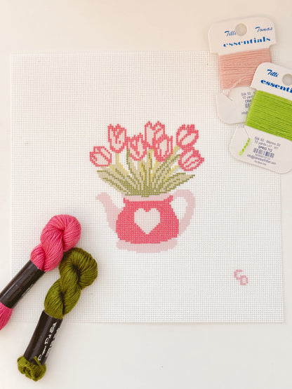 Heart Flower Teapot Needlepoint Canvas, Valentine's Day Needlepoint Canvas, 3”x4" Needlepoint Canvas