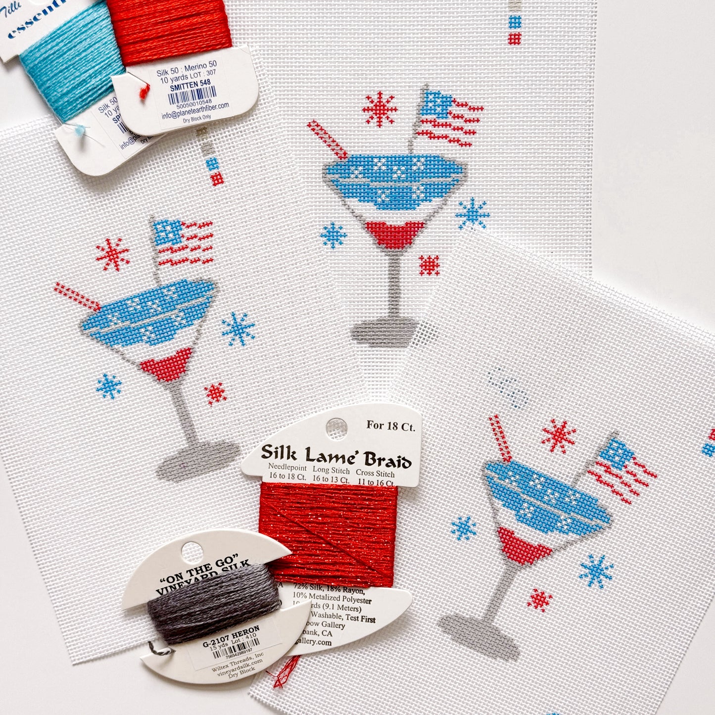 Patriotic Martini Needlepoint Canvas, Hand Painted, 18 Mesh, 2.5"x3" Design