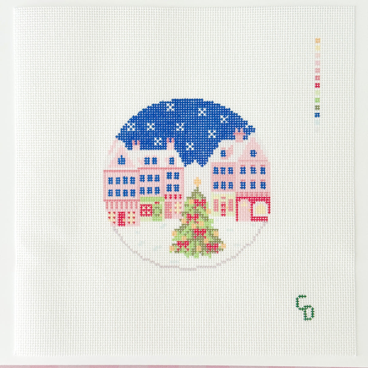 Christmas Town Round Needlepoint Ornament Canvas, 18 Mesh, 4x4 Design, Traditional Needlepoint Ornament