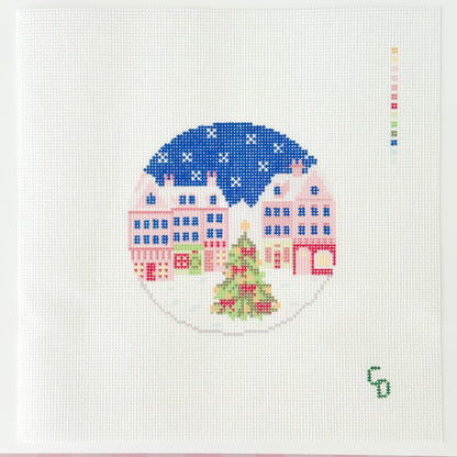 Christmas Town Round Needlepoint Ornament Canvas, 18 Mesh, 4x4 Design, Traditional Needlepoint Ornament