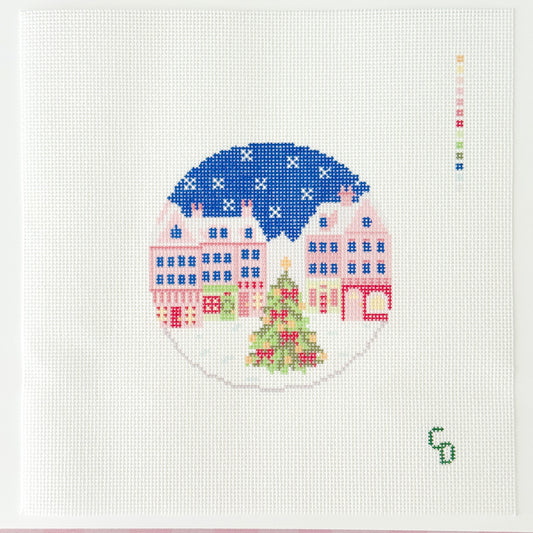 Christmas Town Round Needlepoint Ornament Canvas, 18 Mesh, 4x4 Design, Traditional Needlepoint Ornament