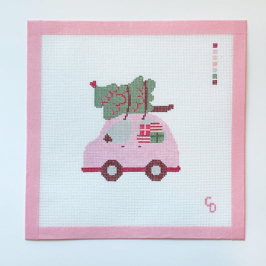 Christmas Needlepoint Ornament, Christmas Car Needlepoint, Modern Needlepoint, 18 Mesh 4”x4” Design, Pink Christmas Needlepoint Canvas