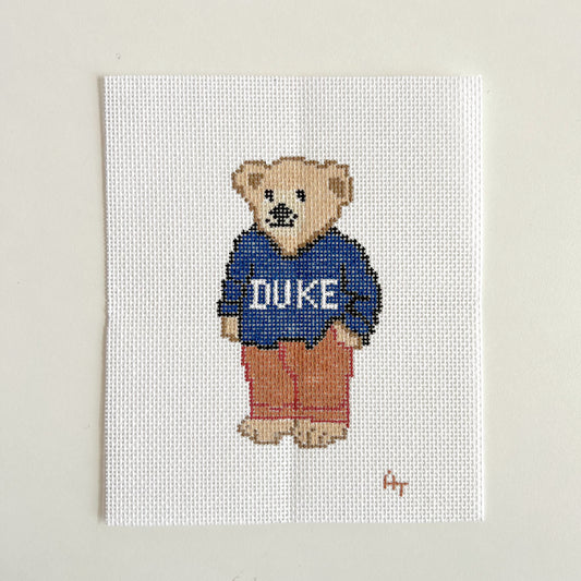 Dark Blue NC College Sweater Bear Needlepoint Canvas, 18 Mesh, 4.5" x2.5" Design Size