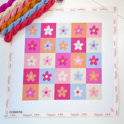 Retro Flower Checkered Pillow Hand Painted Needlepoint Canvas 18 Mesh, 12x12 Design