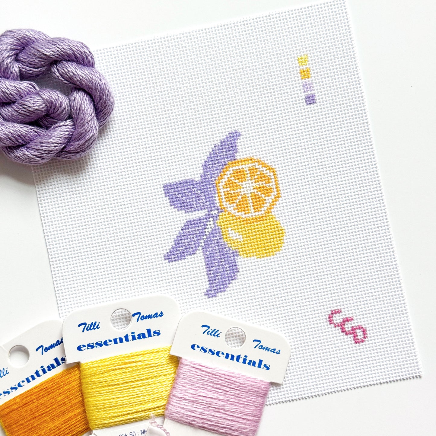 Lavender Lemon Needlepoint Canvas & Optional Thread Kit | 4″ Citrus Mini on 18-Mesh
