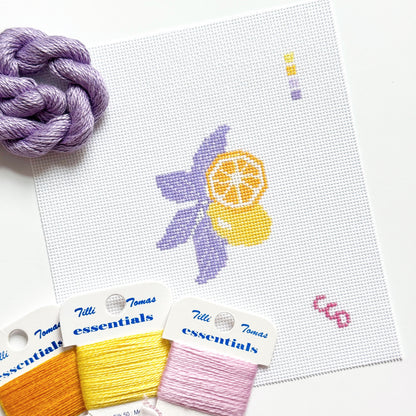 Lavender Lemon Needlepoint Canvas & Optional Thread Kit | 4″ Citrus Mini on 18-Mesh