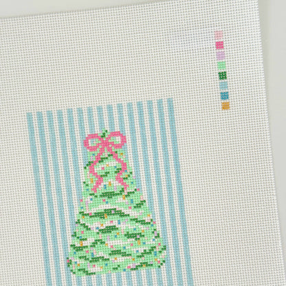 Pastel Christmas Tree Blue Striped Needlepoint Canvas, 18 Mesh, 4" x 3.2"