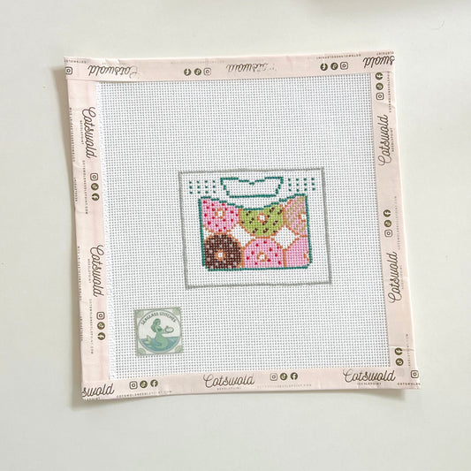 Half Dozen Donut Box with Pink and Green Donuts, 18 Mesh, 3"x2.5" design size
