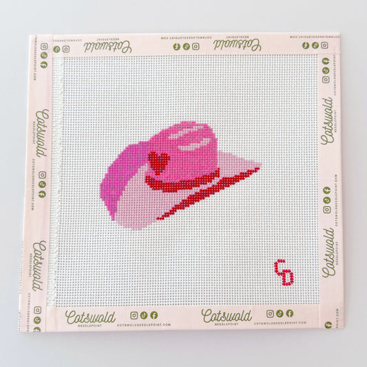 Pink Cowgirl Hat Needlepoint Canvas | 3” Canvas | 18 Mesh Southern Charm Design