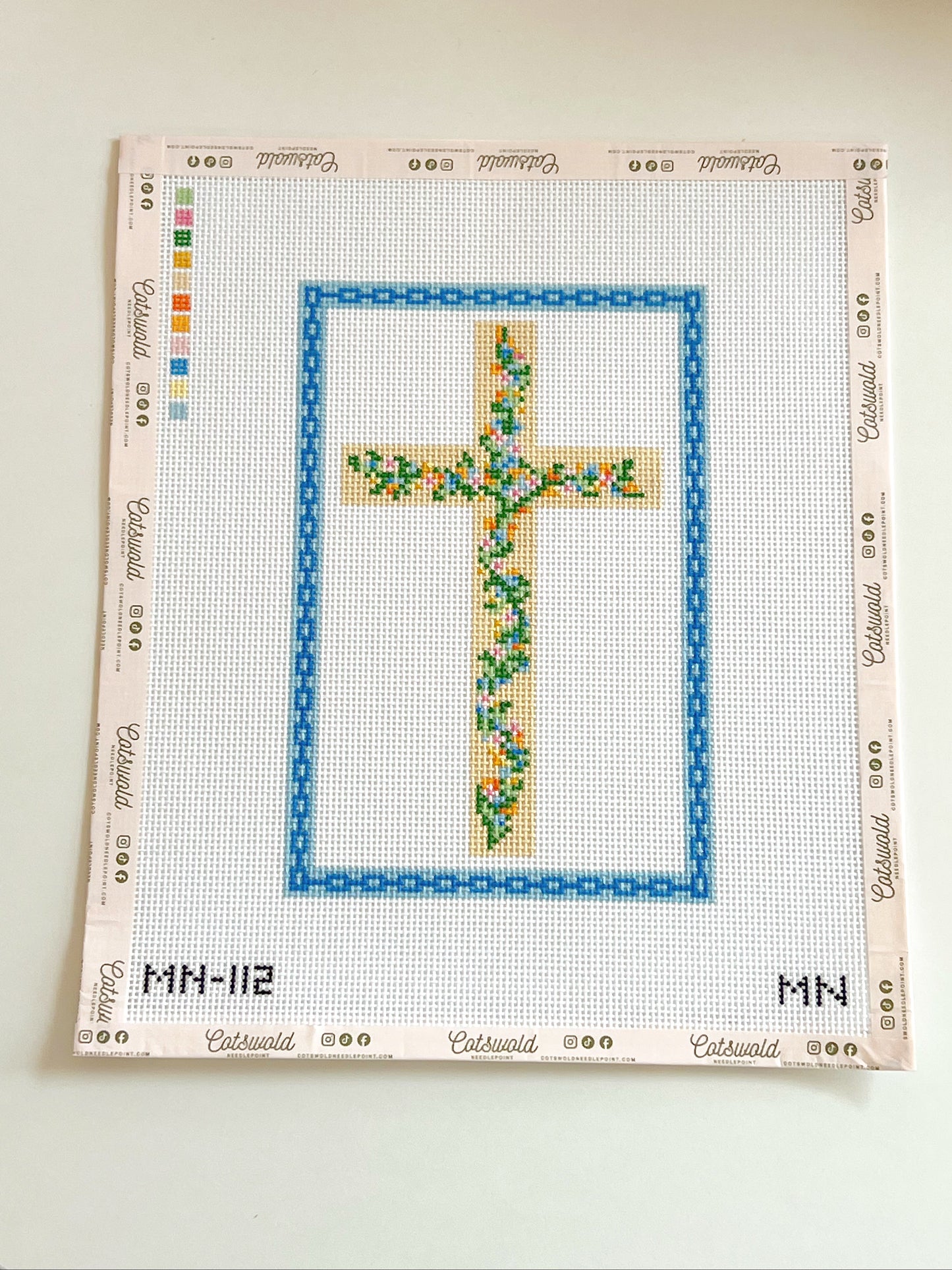 Floral Cross Blue Chain Border Needlepoint Canvas, 13 Mesh, 5.5”x8.3” Design Size