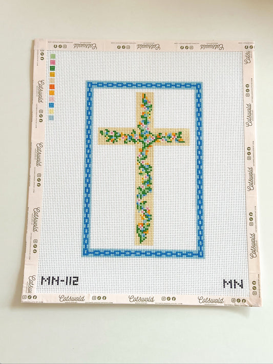 Floral Cross Blue Chain Border Needlepoint Canvas, 13 Mesh, 5.5”x8.3” Design Size