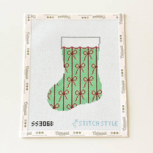Green and Red Bows Mini Stocking Christmas Needlepoint Canvas, 13 Mesh, 4.5x6 Design