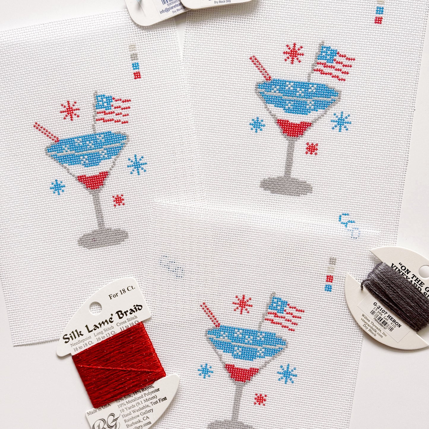 Patriotic Martini Needlepoint Canvas, Hand Painted, 18 Mesh, 2.5"x3" Design