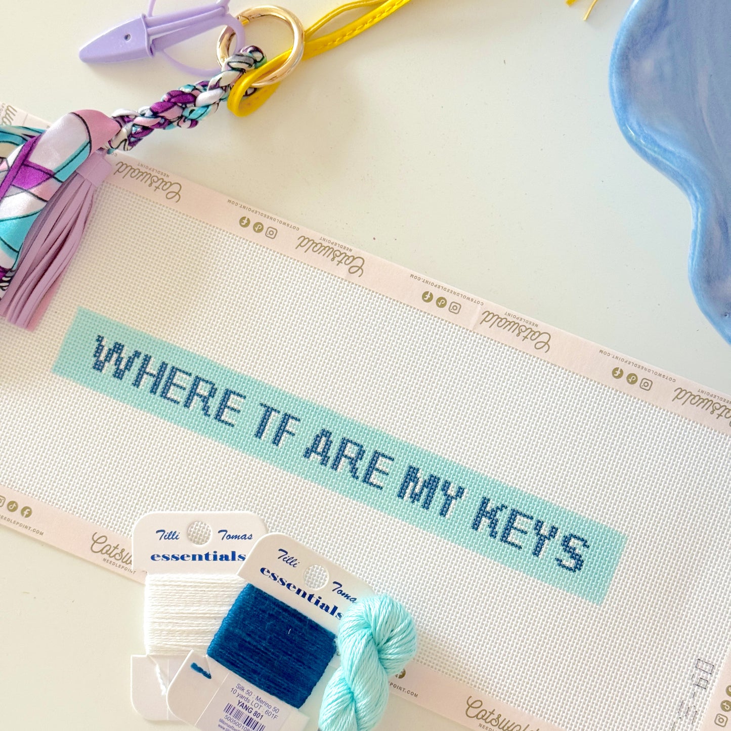 Where The F Are My Keys Needlepoint Canvas, Funny Keychain Needlepoint, Hand Painted Key Fob Needlepoint Canvas, 18 Mesh, 10x1 Design