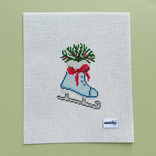 Blue Ice Skates and Greens Needlepoint Canvas, 13 Mesh, 4"x4" Design Size