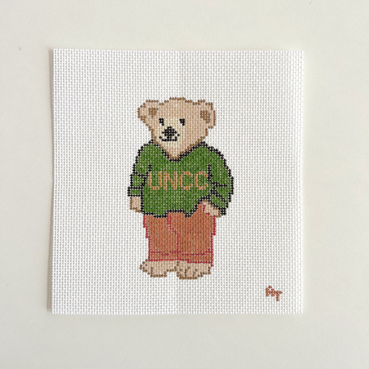 Green College Sweater Bear Needlepoint Canvas, 18 Mesh, 4.5" x2.5" Design Size
