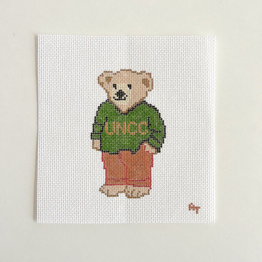 Green College Sweater Bear Needlepoint Canvas, 18 Mesh, 4.5" x2.5" Design Size