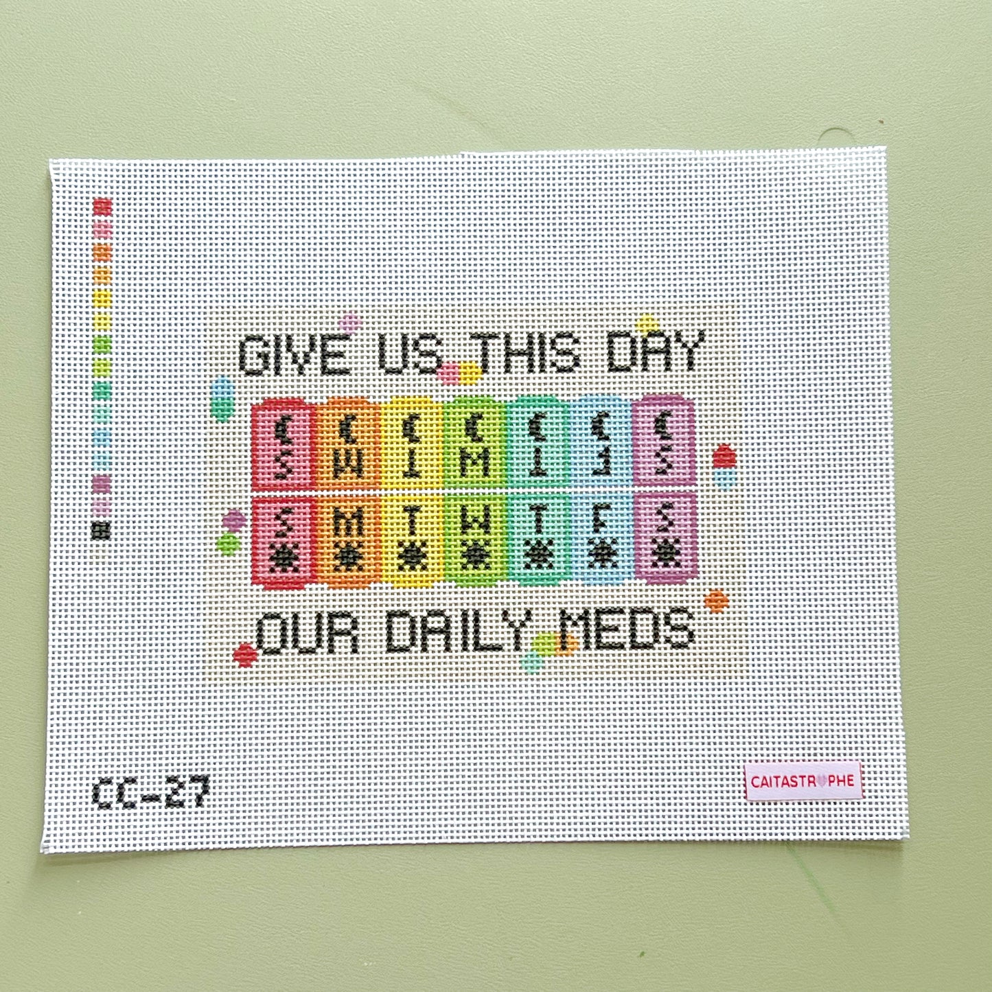 Give Us This Day Our Daily Meds Pill Organizer Needlepoint Canvas, 13 Mesh, 7"x5" Design Size