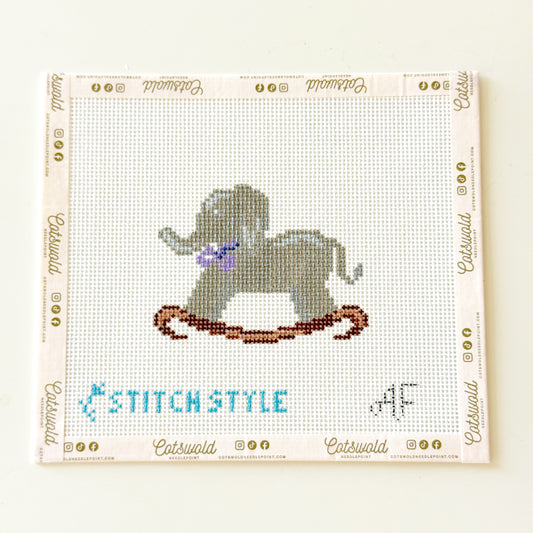 Rocking Horse Purple Bow Children Needlepoint Canvas, Nursery Needlepoint Canvas, 13 mesh, 4x3 Design
