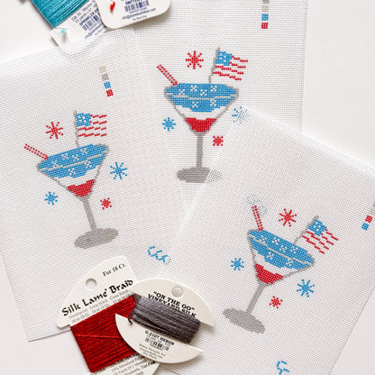 Patriotic Martini Needlepoint Canvas, Hand Painted, 18 Mesh, 2.5"x3" Design