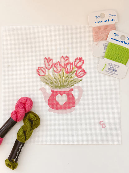 Heart Flower Teapot Needlepoint Canvas, Valentine's Day Needlepoint Canvas, 3”x4" Needlepoint Canvas