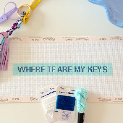 Where The F Are My Keys Needlepoint Canvas, Funny Keychain Needlepoint, Hand Painted Key Fob Needlepoint Canvas, 18 Mesh, 10x1 Design