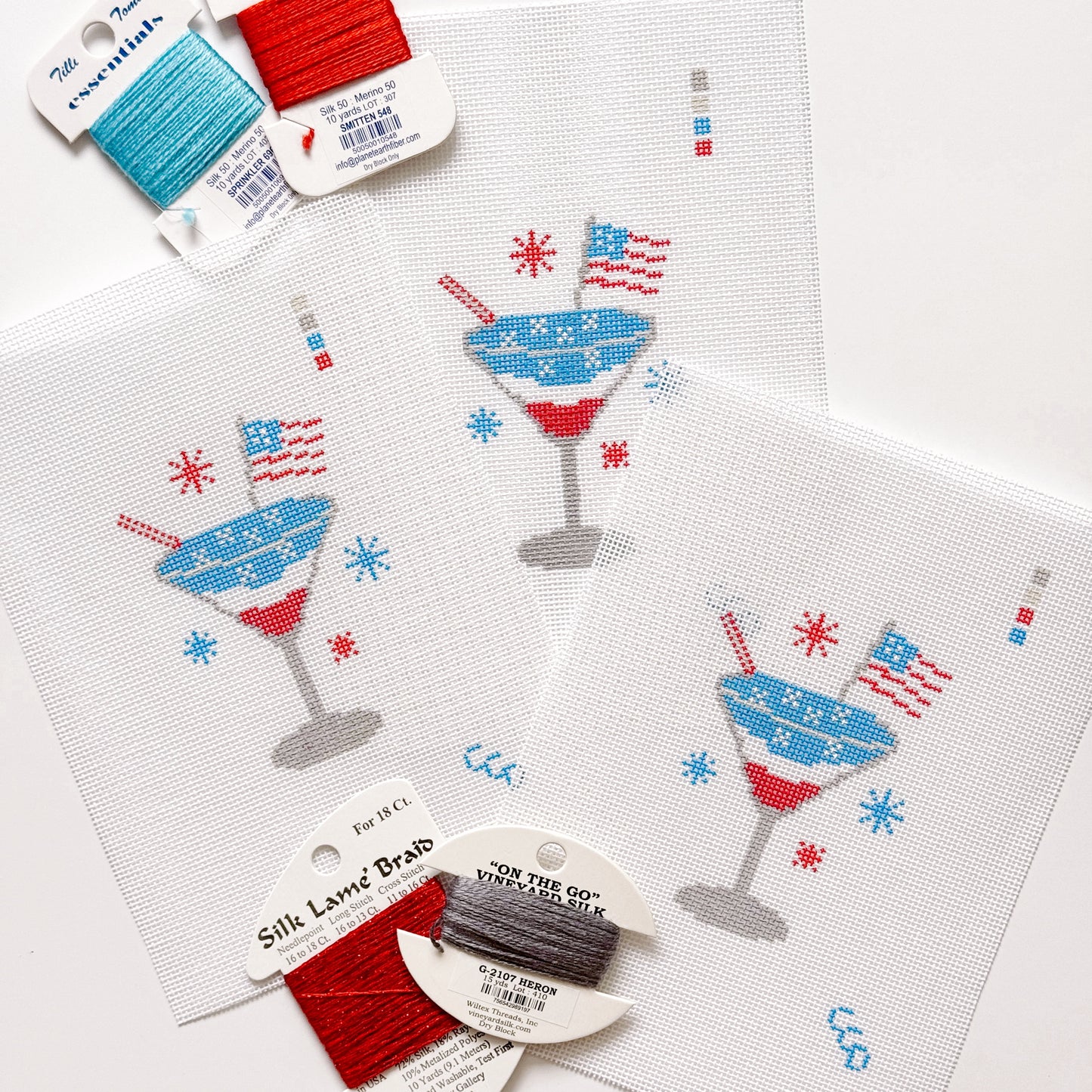 Patriotic Martini Needlepoint Canvas, Hand Painted, 18 Mesh, 2.5"x3" Design